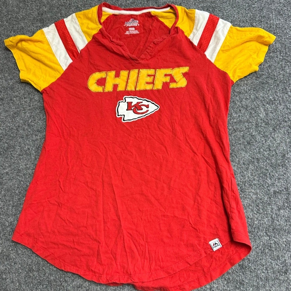 Majestic T-Shirt Womens Size M Red Kansas City Chiefs Raglan Glitter Gameday Tee